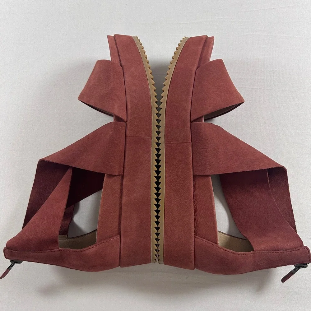 Eileen Fisher Elon Platform Wedge Sandals Womens 8.5 Dusty Red Nubuck Leather